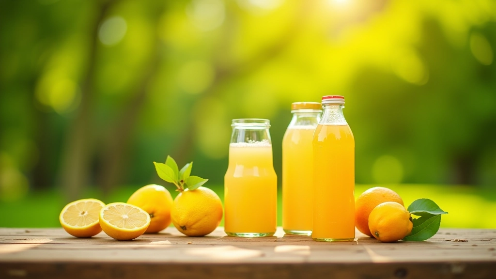 Různé typy nápojů v lahvích — voda, bylinkový čaj, přírodní lemoná­da