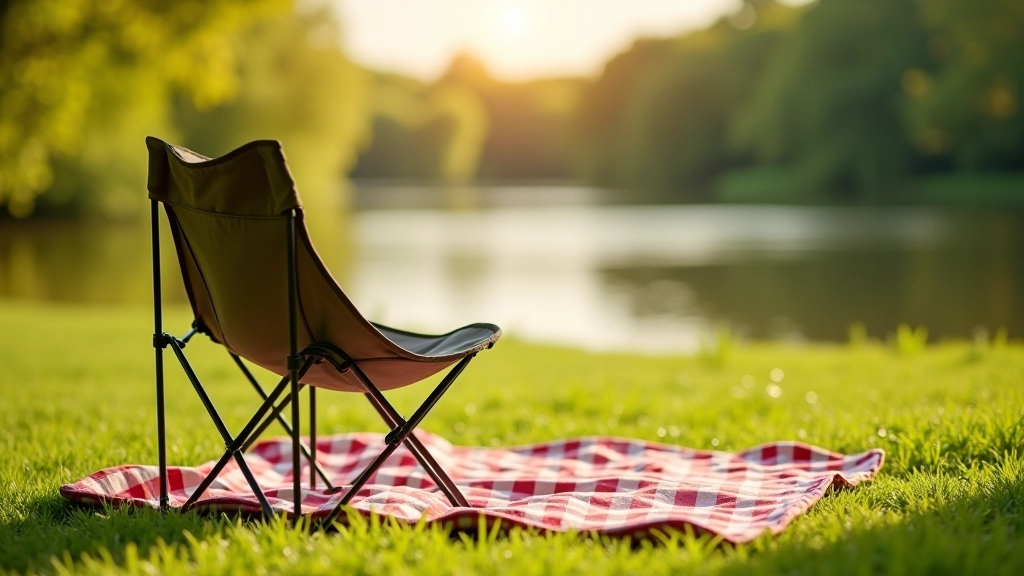 Skládací kempingová židle a pikniková deka rozložené na trávě vedle řeky