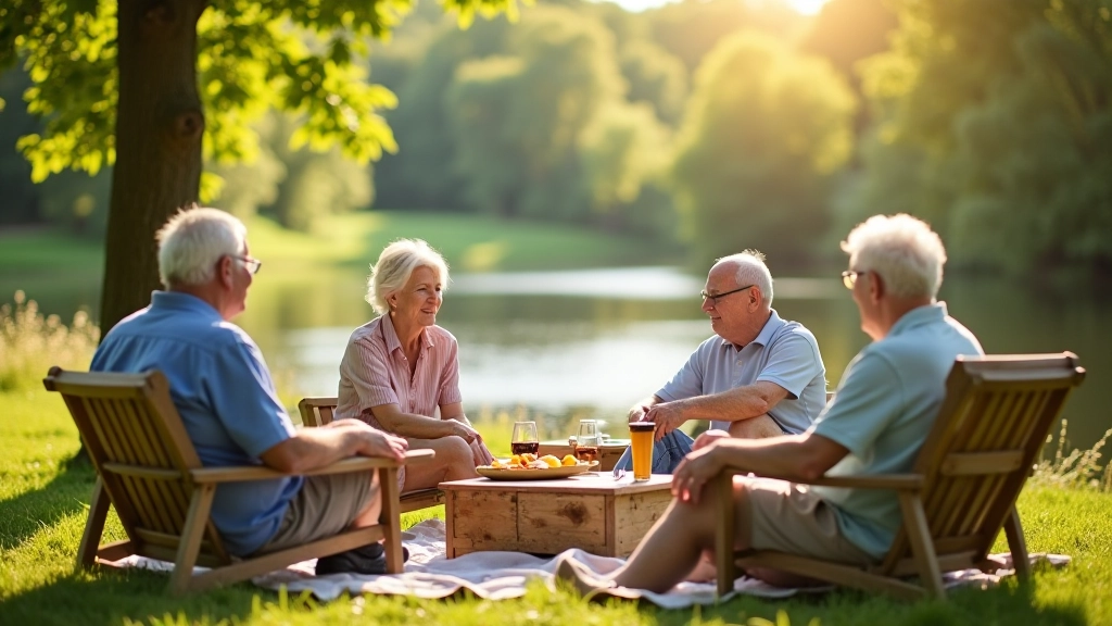 Skupina seniorů užívající si piknik v přírodě u řeky v bezpečném a pohodlném prostředí