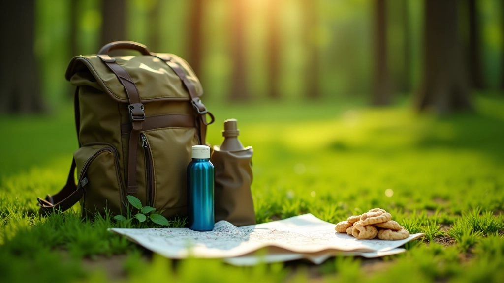 Připravený batoh s lahví vody, mapa a turističeskými pomůckami na přírodě