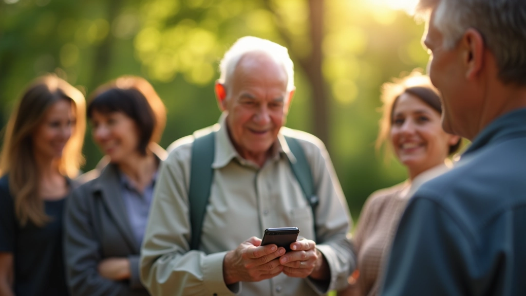 Starší člověk ukazuje skupině, jak používat aplikaci na mobilu s mapou