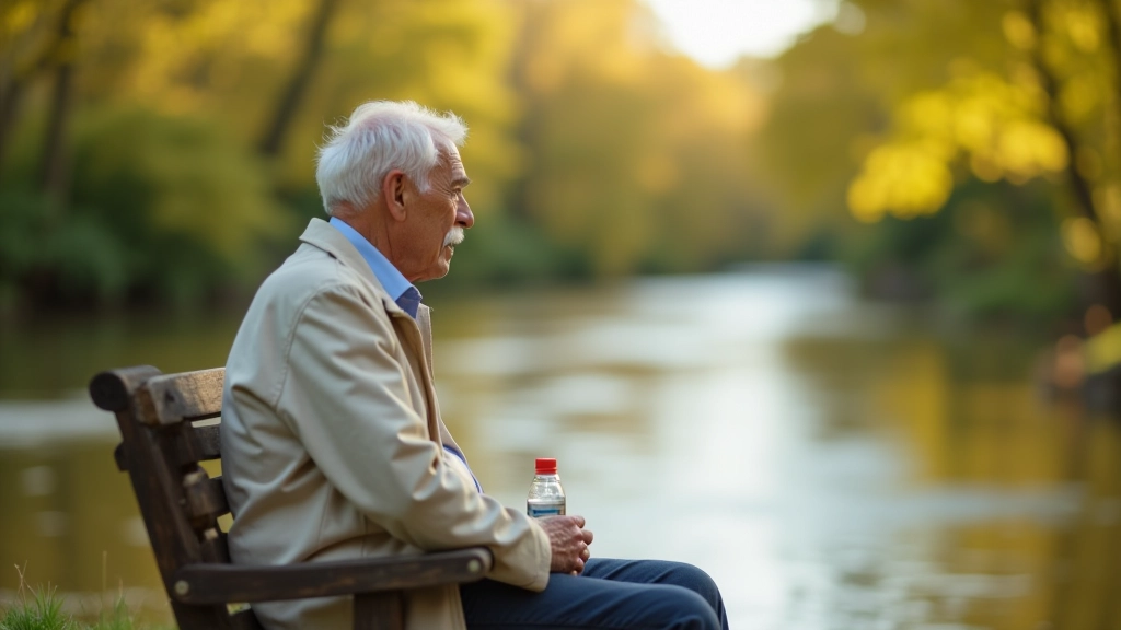 Přírodní krajina s řekou Sázavou, senior sedí na lavičce u vody